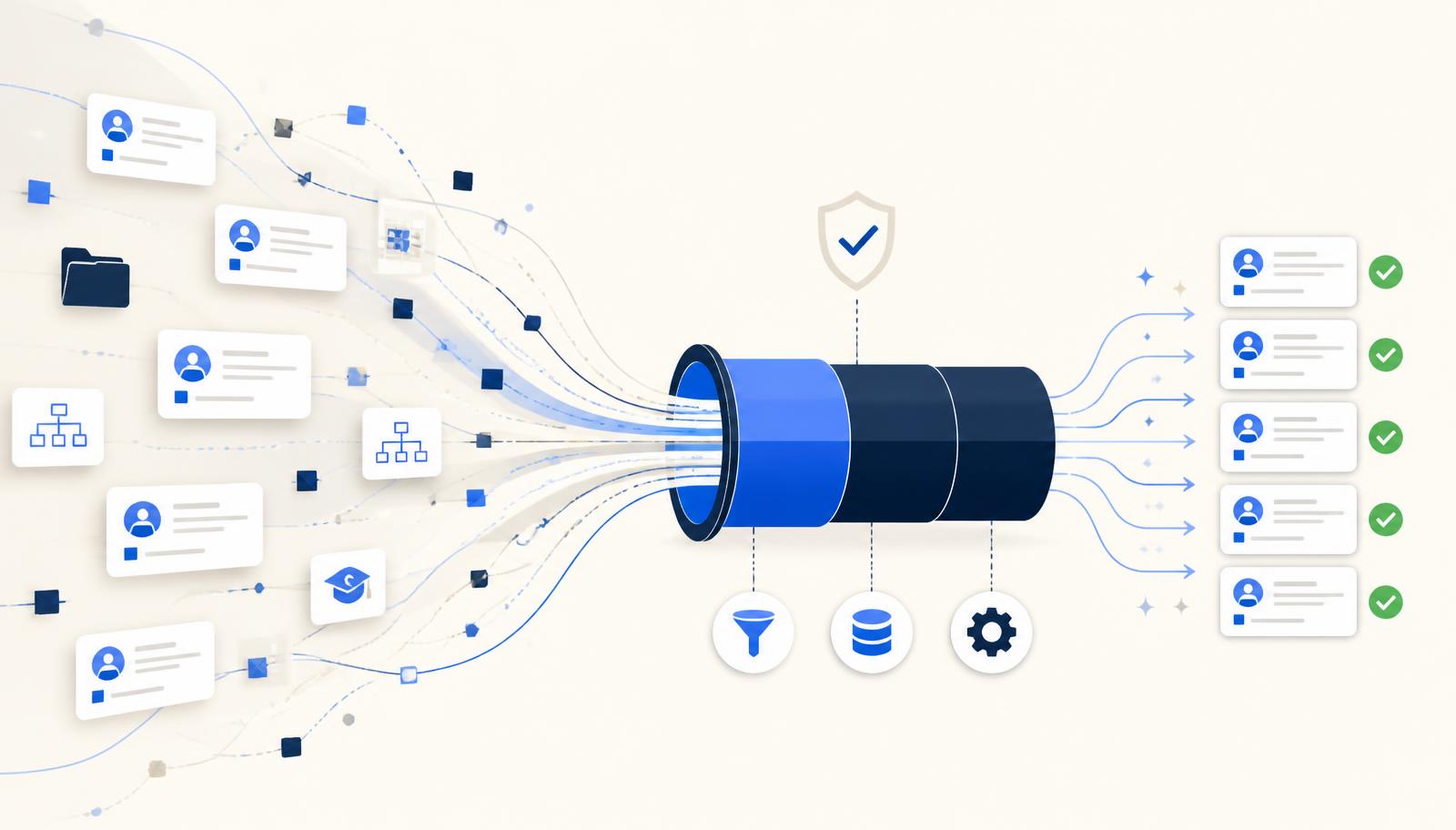 Legacy HR records flowing through a validation pipeline into clean, approved employee records