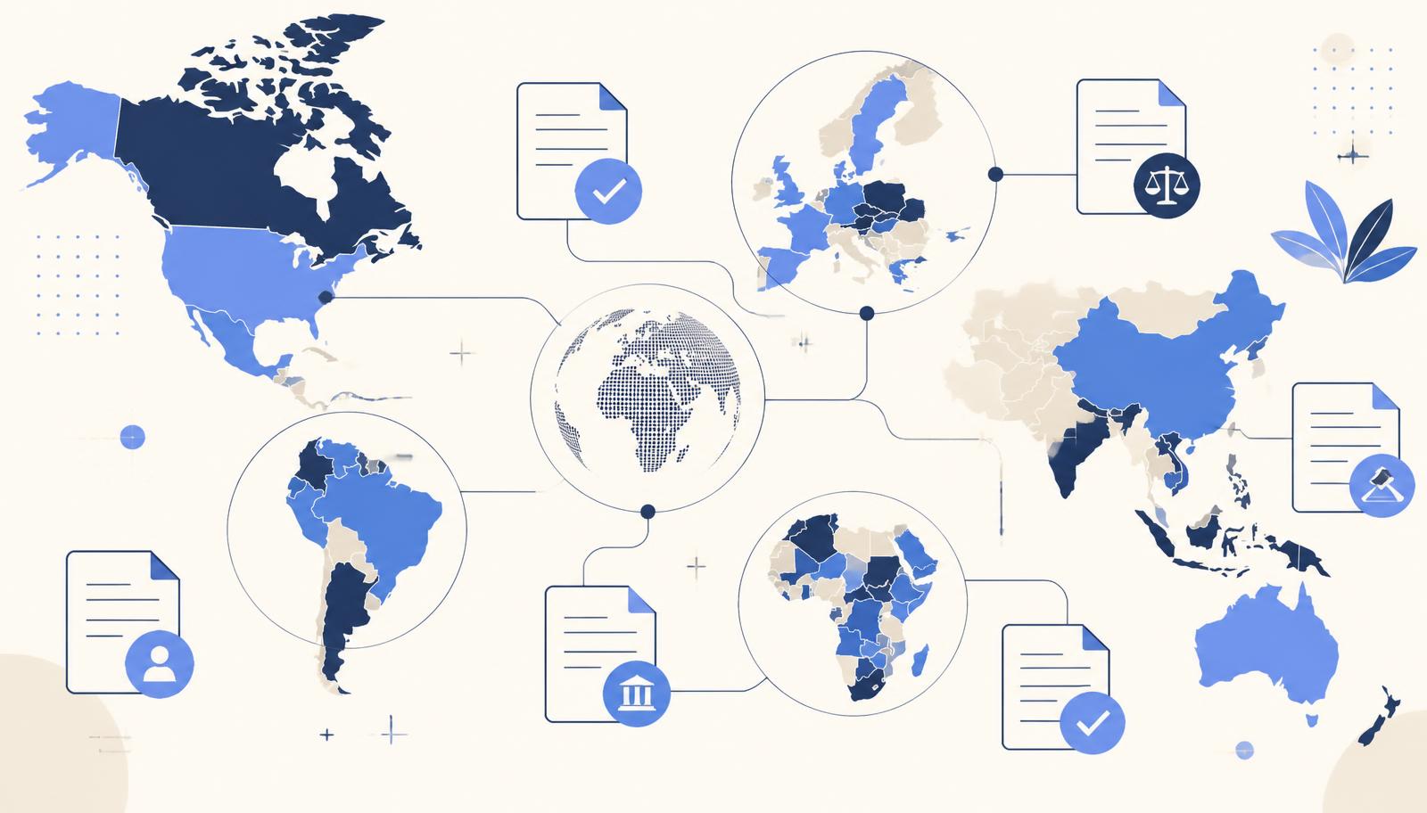 World map with regional groupings connected to statutory reporting and compliance documents